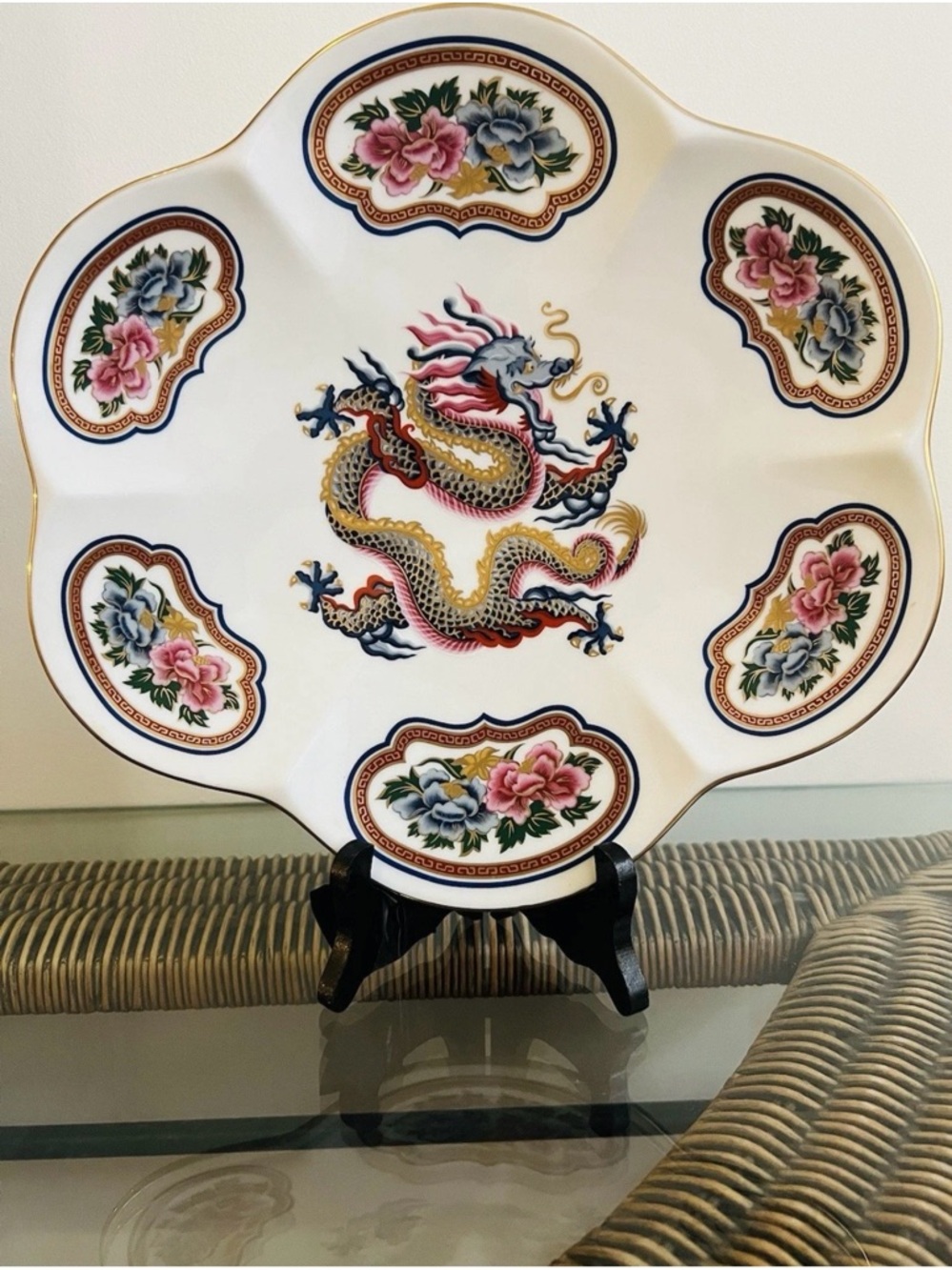 Elizabeth Arden White Porcelain Dragon Floral Serving Plate with Gold Trim